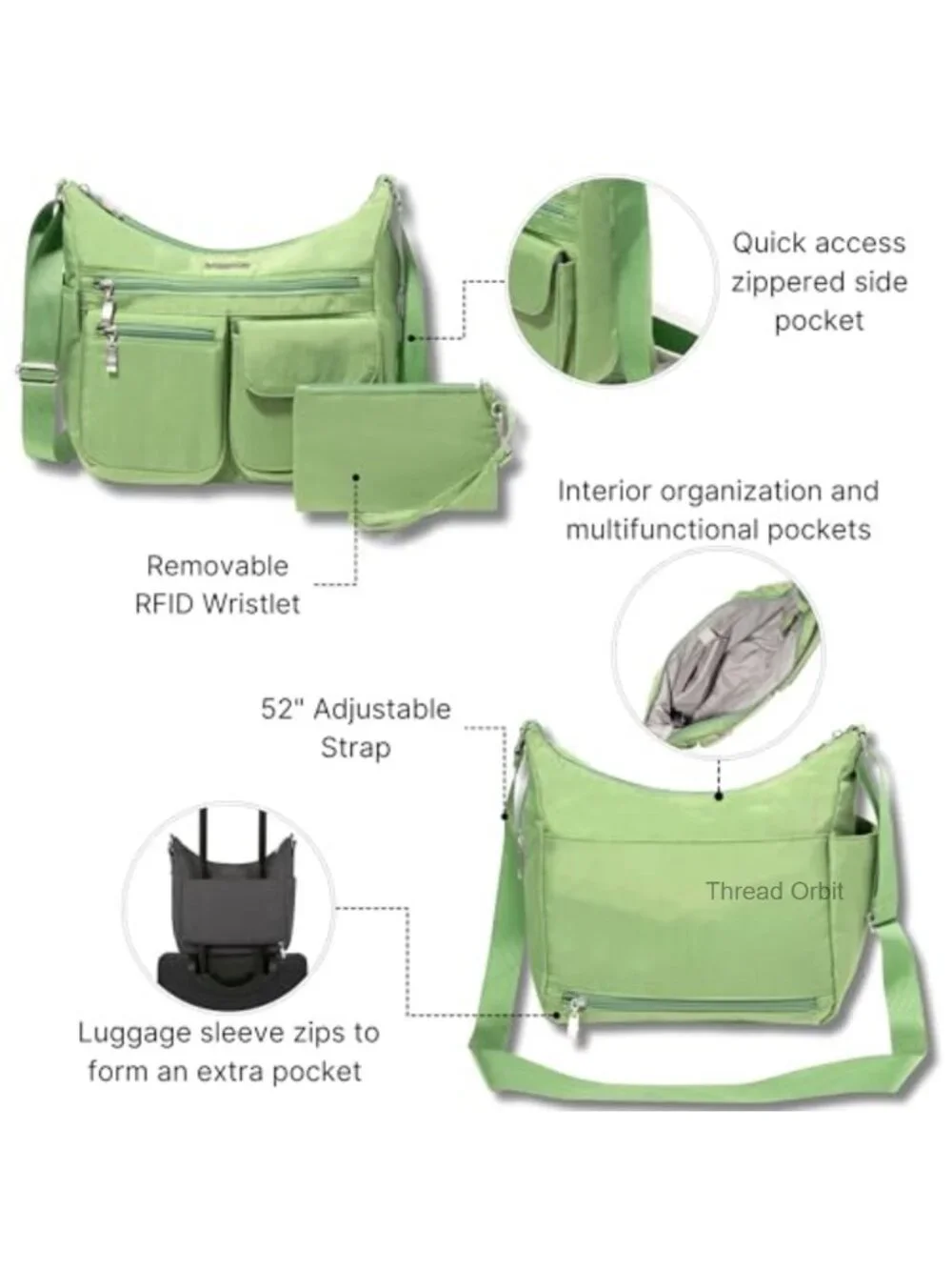 Large Crossbody Hobo Bag Water-Resistant Nylon RFID Wristlet